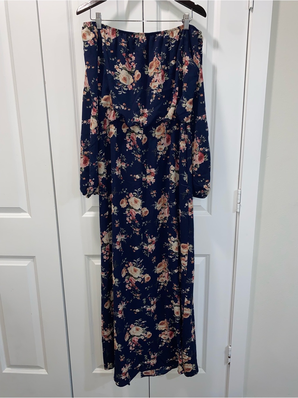 Off-Shoulder Navy Floral Maxi Dress with Long Sleeves